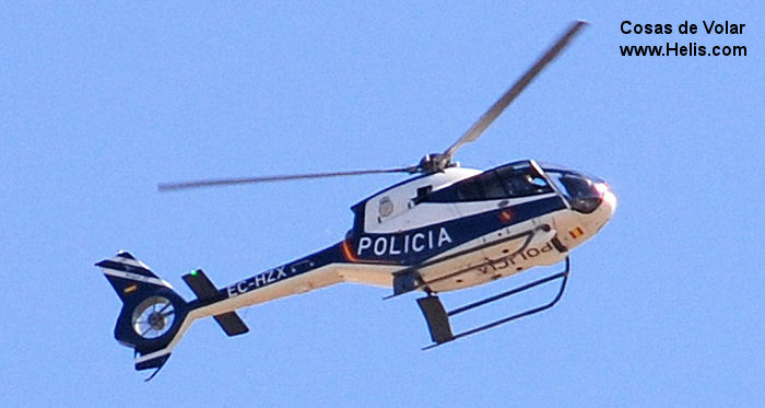Helicopter Eurocopter EC120B Serial 1255 Register EC-HZX used by Cuerpo Nacional de Policia CNP (National Police Corps). Built 2001. Aircraft history and location