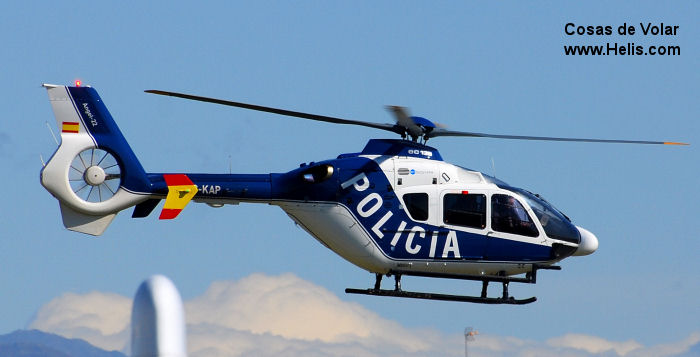 Helicopter Eurocopter EC135P2 Serial 0462 Register EC-KAP used by Cuerpo Nacional de Policia CNP (National Police Corps). Built 2006. Aircraft history and location