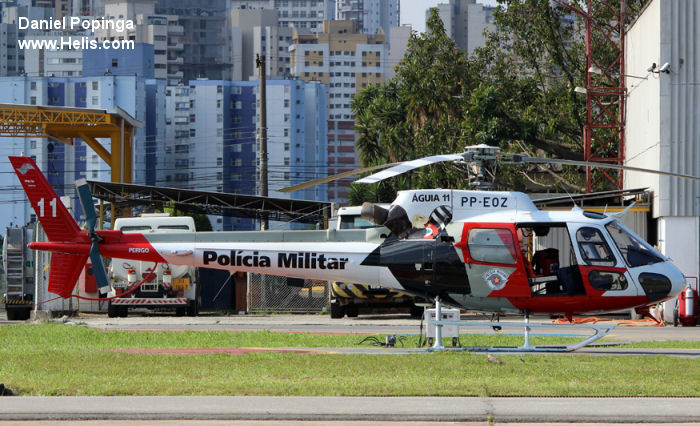 Helicopter Eurocopter HB350B2 Esquilo Serial 3135 Register PP-EOZ used by Policia Militar do Brasil (Brazilian Military Police) ,Helibras. Aircraft history and location