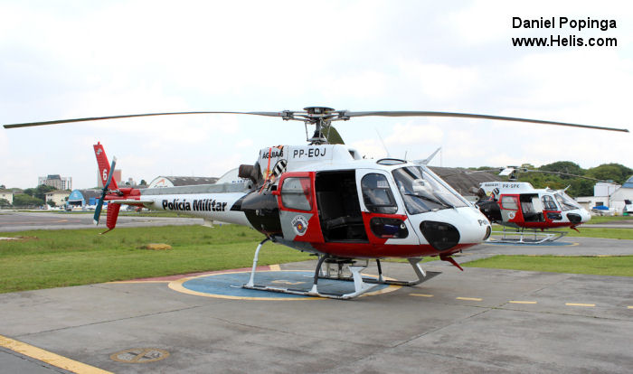 Helicopter Eurocopter HB350BA Esquilo Serial 2697 Register PP-EOJ used by Policia Militar do Brasil (Brazilian Military Police) ,Helibras. Aircraft history and location