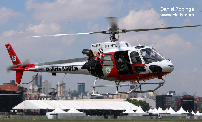 Helicopter Eurocopter HB350BA Esquilo Serial 2682 Register PT-HYL used by Policia Militar do Brasil (Brazilian Military Police) ,Helibras. Aircraft history and location