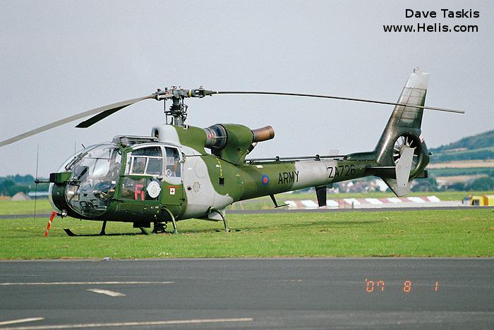 Helicopter Aerospatiale SA341B Gazelle AH.1 Serial 1795 Register ZA726 used by Army Air Corps AAC (British Army). Built 1979. Aircraft history and location