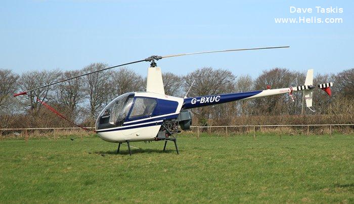 Helicopter Robinson R22 Beta Serial 0908 Register G-BXUC OY-HFB used by Rise Helicopters. Built 1988. Aircraft history and location