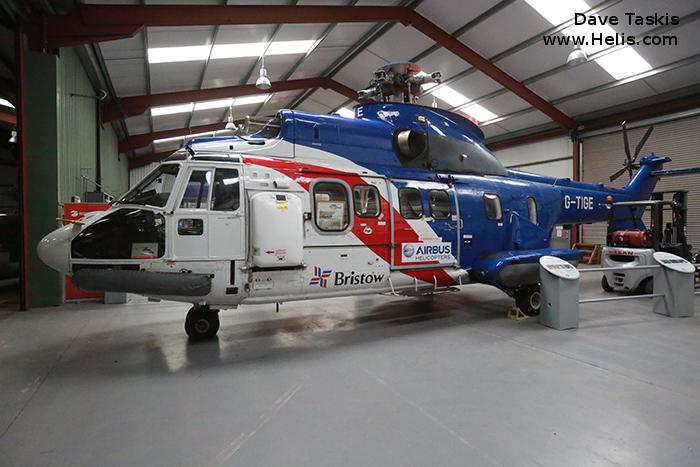 Helicopter Aerospatiale AS332L Super Puma Serial 2028 Register G-TIGE used by Airbus Helicopters UK ,Bristow. Built 1982. Aircraft history and location