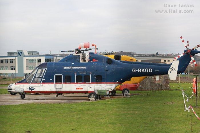 Helicopter Westland 30-100 Serial 002 Register G-BKGD G-BKBJ used by Brintel Helicopters ,British International Helicopters BIH ,Westland. Built 1982. Aircraft history and location
