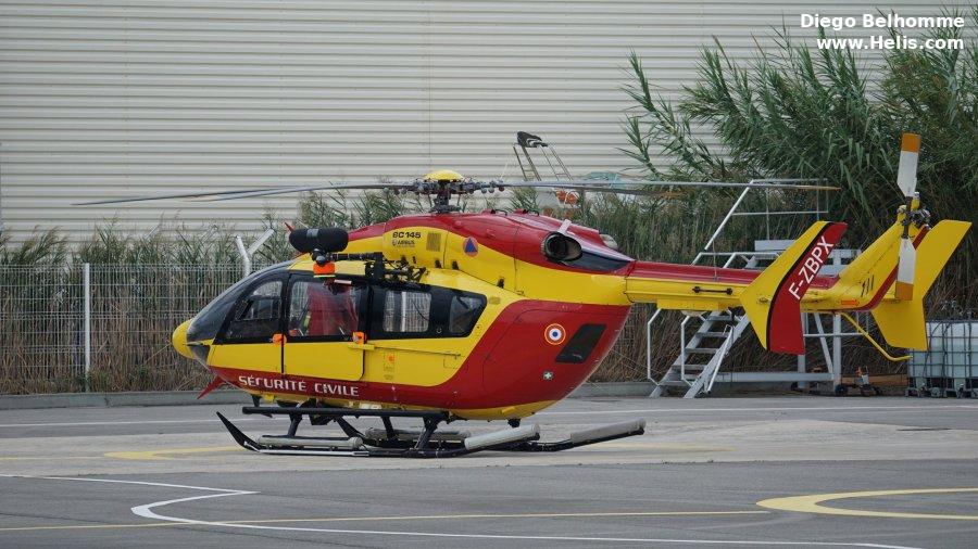 Helicopter Eurocopter EC145 Serial 9049 Register F-ZBPX D-HRWG used by Sécurité Civile (French Civilian Security) ,Eurocopter Deutschland GmbH (Eurocopter Germany). Built 2004. Aircraft history and location