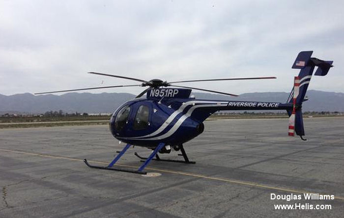 Helicopter MD Helicopters MD500E Serial 0583E Register N651RP N951RP N872SA used by Riverside Police Department. Built 2008. Aircraft history and location