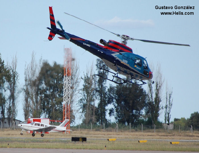 Helicopter Eurocopter HB350B3 Esquilo Serial 4046 Register LQ-BEZ PR-YLB used by Policias Provinciales (Argentine Provinces Police Units) ,Helibras. Built 2006. Aircraft history and location