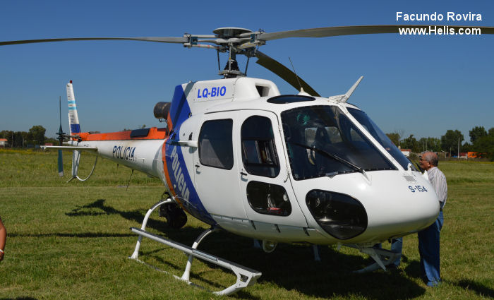 Helicopter Eurocopter AS350B3 Ecureuil Serial 4154 Register LQ-BIO PP-MZA used by Policias Provinciales (Argentine Provinces Police Units) ,Helibras. Built 2007. Aircraft history and location