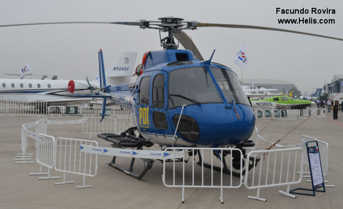 Helicopter Eurocopter AS350B3 Ecureuil Serial 3525 Register CC-ETI used by Policia de Investigaciones PDI (Investigations Police of Chile). Built 2002. Aircraft history and location