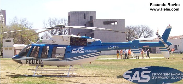Helicopter Bell 407 Serial 53346 Register LV-ZPR LQ-ZPR used by Jasfly ,Gobiernos Provinciales Gobierno de Chaco (Chaco Province Government). Built 1999. Aircraft history and location
