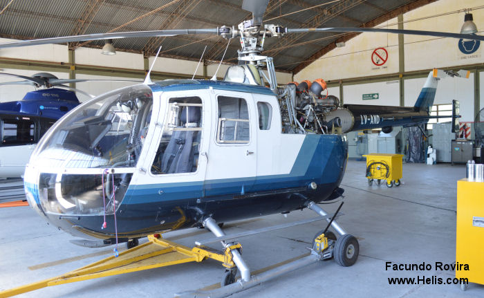 Helicopter MBB Bo105CBS Serial S-540 Register AE-710 LV-AND used by Aviacion de Ejercito Argentino EA (Argentine Army Aviation) ,Gobiernos Provinciales Gobierno de la Provincia de Buenos Aires (Aeronautics Division of Buenos Aires Province). Built 1981. Aircraft history and location