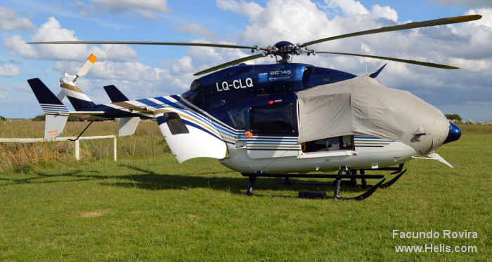 Helicopter Eurocopter EC145 Serial 9463 Register LQ-CLQ used by Policias Provinciales (Argentine Provinces Police Units) ,Gobiernos Provinciales Gobierno de la Provincia de Buenos Aires (Aeronautics Division of Buenos Aires Province). Built 2011. Aircraft history and location
