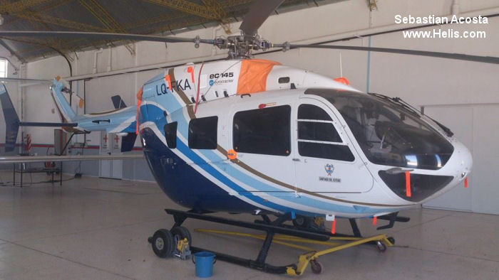 Helicopter Eurocopter EC145 Serial 9568 Register LQ-FKA used by Gobiernos Provinciales Gobierno de Santiago del Estero (Santiago del Estero Province Government). Built 2012. Aircraft history and location
