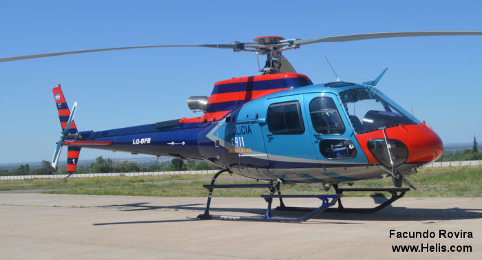 Helicopter Eurocopter HB350B3 Esquilo Serial 4023 Register LQ-BFB PR-YLA used by Policias Provinciales (Argentine Provinces Police Units) ,Helibras. Built 2006. Aircraft history and location