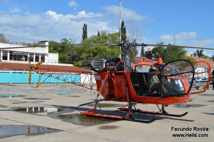 Helicopter Aerospatiale SA315B Lama Serial 2496 Register H-63 used by Fuerza Aerea Argentina FAA (Argentine Air Force). Aircraft history and location