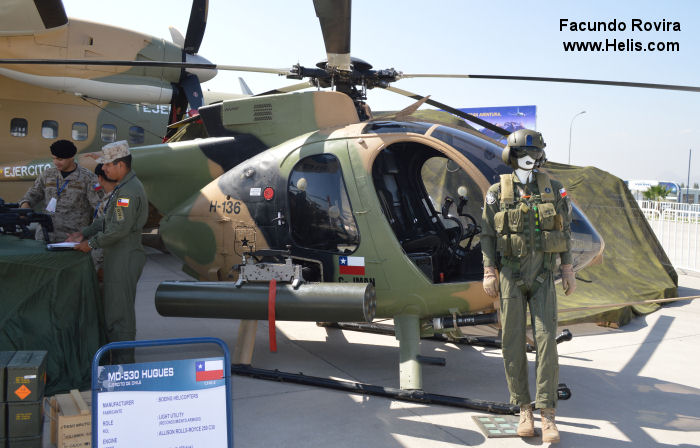 Helicopter McDonnell Douglas MD369F / MD500F Serial 0128FF Register H136 used by Ejercito de Chile (Chilean Army). Built 1997. Aircraft history and location