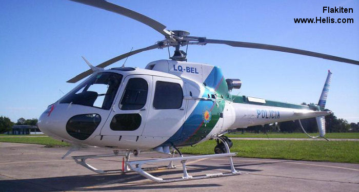 Helicopter Eurocopter HB350B3 Esquilo Serial 3867 Register LQ-BEL PP-MAX used by Policias Provinciales (Argentine Provinces Police Units) ,Helibras. Built 2006. Aircraft history and location