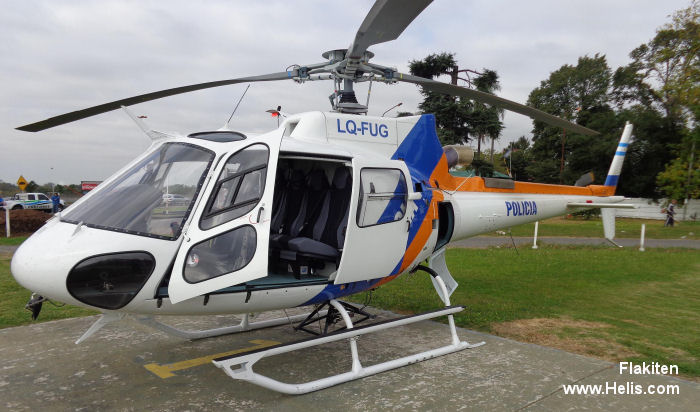 Helicopter Eurocopter AS350B3e Ecureuil Serial 7456 Register LQ-FUG CC-AIO used by Policias Provinciales (Argentine Provinces Police Units) ,Eurocopter Cono Sur. Built 2012. Aircraft history and location