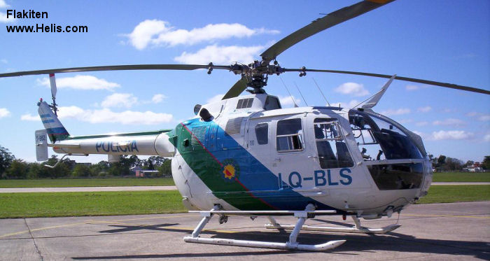 Helicopter MBB Bo105CBS-4 Serial S-862 Register LQ-BLS used by Policias Provinciales (Argentine Provinces Police Units). Built 1991. Aircraft history and location