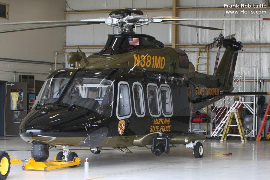 Helicopter AgustaWestland AW139 Serial 41276 Register N381MD N307YS used by MSP (Maryland State Police) ,AgustaWestland Philadelphia (AgustaWestland USA). Built 2012. Aircraft history and location
