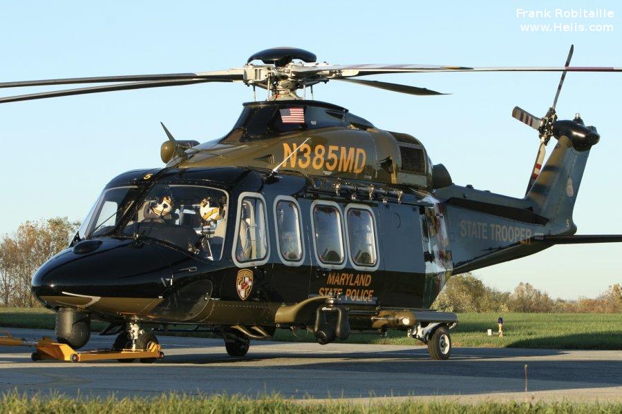 Helicopter AgustaWestland AW139 Serial 41291 Register N385MD used by MSP (Maryland State Police). Built 2013. Aircraft history and location