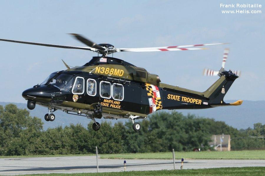 Helicopter AgustaWestland AW139 Serial 41336 Register N388MD used by MSP (Maryland State Police). Built 2013. Aircraft history and location