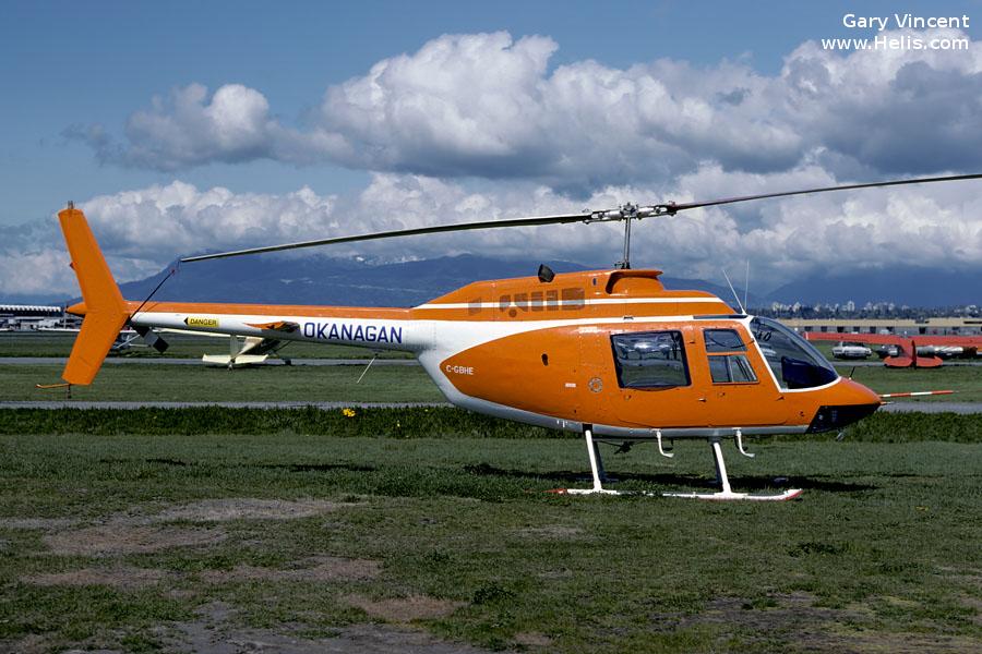 Helicopter Bell 206B-2 Jet Ranger Serial 1335 Register C-GBHE used by Canadian Helicopters Ltd ,Okanagan Helicopters. Built 1974. Aircraft history and location