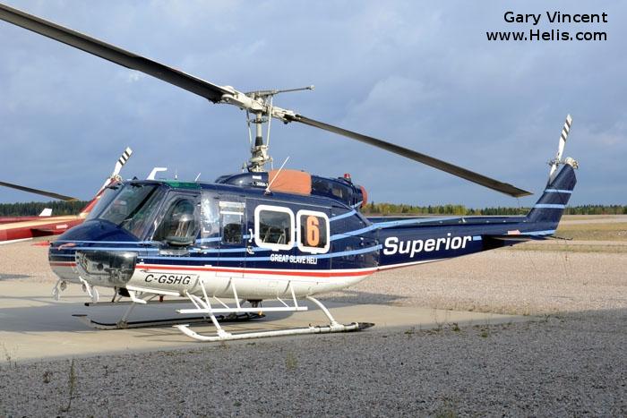 Helicopter Bell 205A-1 Serial 30165 Register C-GSHG C-GENZ N17AL used by Guardian Helicopters ,Great Slave Helicopters GSH ,Bell Helicopter Canada ,Air Logistics. Built 1974. Aircraft history and location