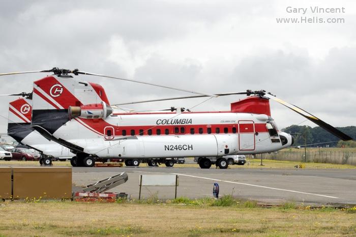 Helicopter Boeing-Vertol 234LR Serial MJ-017 Register P2-CHL N246CH LN-OMK used by CHI Papua New Guinea ,Columbia Helicopters ColHeli ,Helikopter Service. Built 1984. Aircraft history and location