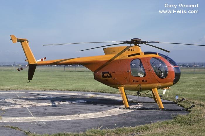 Helicopter Hughes 369D / 500D Serial 37-0097D Register N519PA C-GYAJ used by Patriot Aviation Inc ,Rilpa Enterprises Ltd. Built 1977. Aircraft history and location
