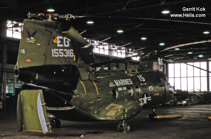 Helicopter Boeing-Vertol CH-46F Serial 2485 Register 155316 used by US Marine Corps USMC. Built 1968. Aircraft history and location