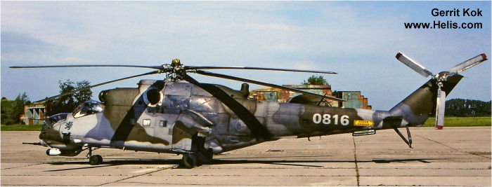 Helicopter Mil Mi-24V Hind Serial 730816 Register 115 0816 used by Afghan Air Force ,Vzdušné síly AČR (Czech Air Force) ,Ceskoslovenske VoJenske Letectvo (Czechoslovak army air force). Aircraft history and location