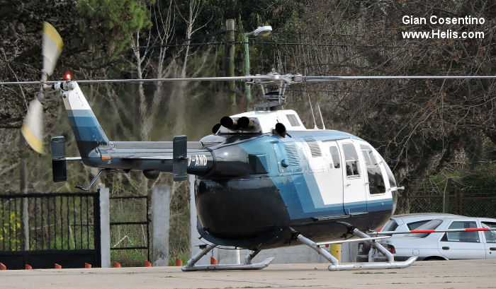 Helicopter MBB Bo105CBS Serial S-540 Register AE-710 LV-AND used by Aviacion de Ejercito Argentino EA (Argentine Army Aviation) ,Gobiernos Provinciales Gobierno de la Provincia de Buenos Aires (Aeronautics Division of Buenos Aires Province). Built 1981. Aircraft history and location