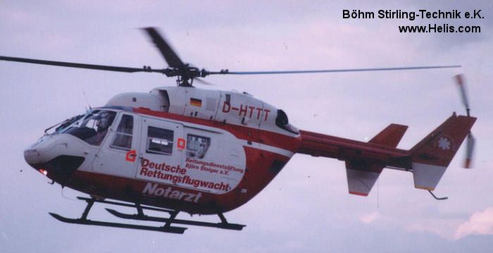 Helicopter MBB Bk117B-2 Serial 7246 Register D-HTTT used by DRF Luftrettung DRF Christoph 43 (DRF) ,Christoph 49 (DRF). Built 1993. Aircraft history and location