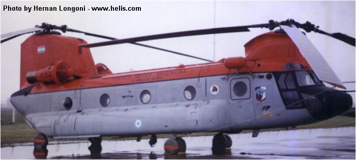 Helicopter Boeing-Vertol CH-47C Chinook Serial b-802 Register H-93 used by Fuerza Aerea Argentina FAA (Argentine Air Force). Built 1979. Aircraft history and location