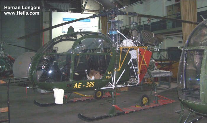 Helicopter Aerospatiale SA315B Lama Serial 2425 Register AE-386 used by Aviacion de Ejercito Argentino EA (Argentine Army Aviation). Aircraft history and location