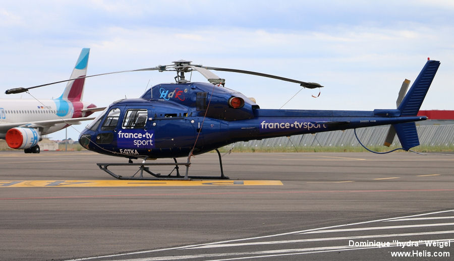 Helicopter Aerospatiale AS355F1 Ecureuil 2  Serial 5141 Register F-GTKA SX-HIA F-WQDL F-GOUT N5793Y used by Hélicoptères de France HdF ,Eliance (Eliance (Habock)) ,Mont Blanc Helicopteres MBH ,Swift Copters ,SAMU (Emergency Medical Assistance Service ) ,Eurocopter France ,PHI Inc. Built 1982. Aircraft history and location