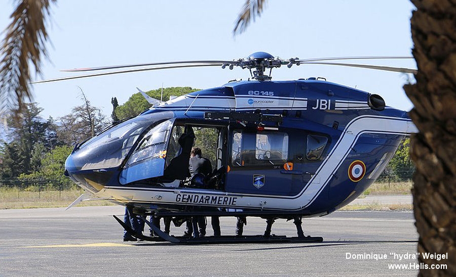 Helicopter Eurocopter EC145 Serial 9127 Register F-MJBI used by Gendarmerie Nationale (French National Gendarmerie). Built 2007. Aircraft history and location