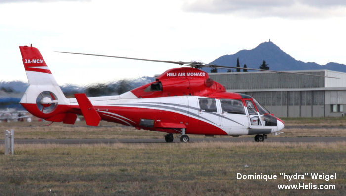 Helicopter Aerospatiale SA365N Dauphin 2 Serial 6076 Register 3A-MCM F-WQEE N9UW N365AH used by Heli Air Monaco ,Eurocopter France ,American Eurocopter (Eurocopter USA). Aircraft history and location