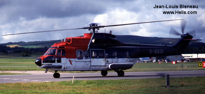 Helicopter Aerospatiale AS332L Super Puma Serial 2063 Register VH-LHJ G-BSOI C-GSLE used by CHC Helicopters Australia ,Lloyd Helicopters ,CHC Denmark ,CHC Scotia ,Brintel Helicopters ,Bristow ,Canadian Helicopters Ltd. Built 1983. Aircraft history and location