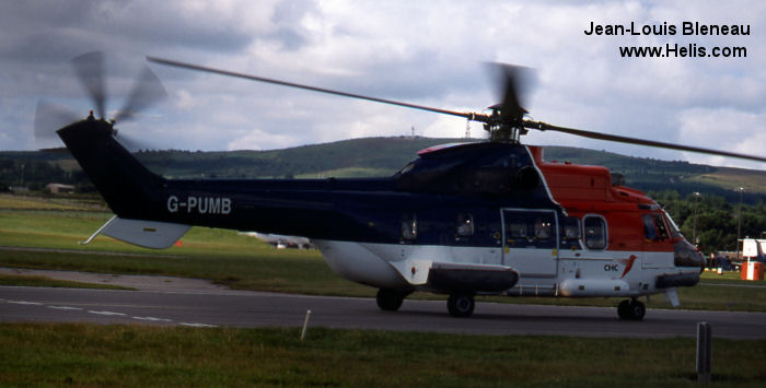 Helicopter Aerospatiale AS332L Super Puma Serial 2075 Register C-GRGJ VH-LYS C-GJEB G-PUMB used by Coldstream Helicopters ,CHC Helicopters Australia ,CHC (Canadian Helicopter Corporation) ,CHC Scotia ,North Scottish Helicopters ,Bond Aviation Group. Built 1983. Aircraft history and location