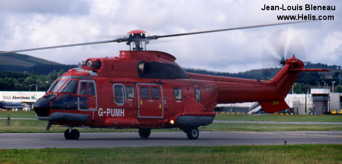 Helicopter Aerospatiale AS332L Super Puma Serial 2101 Register D-HEGG G-PUMH used by Bundespolizei (German Federal Police (BPOL)) ,Bristow ,Bond Aviation Group ,North Scottish Helicopters. Built 1984. Aircraft history and location
