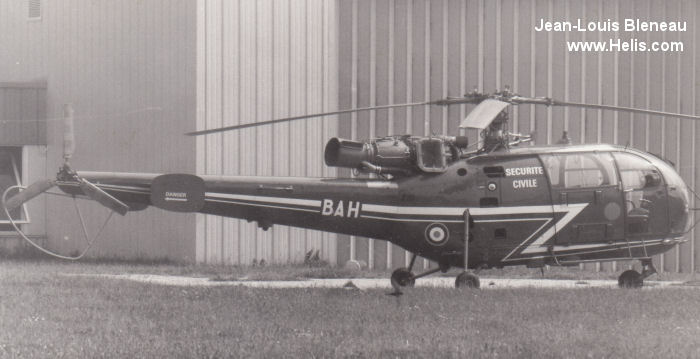 Helicopter Aerospatiale SA316B Alouette III Serial 1790 Register F-ZBAH EI-AVI used by Sécurité Civile (French Civilian Security). Aircraft history and location