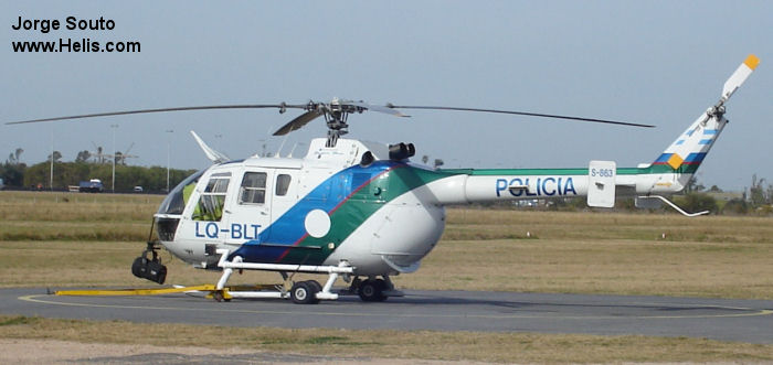 Helicopter MBB Bo105CBS-4 Serial S-863 Register LQ-BLT LV-BLT used by Policias Provinciales (Argentine Provinces Police Units) ,Gobiernos Provinciales (Provincial Governments). Aircraft history and location