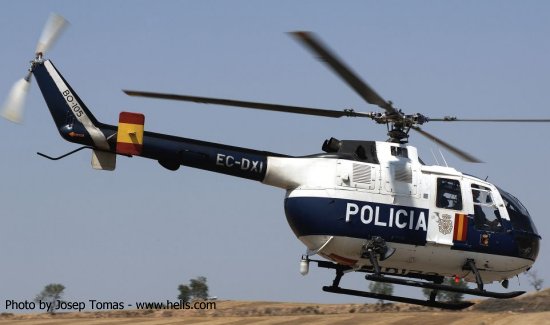 Helicopter MBB Bo105CB-2 Serial S-699 Register EC-DXI used by Cuerpo Nacional de Policia CNP (National Police Corps). Built 1985. Aircraft history and location
