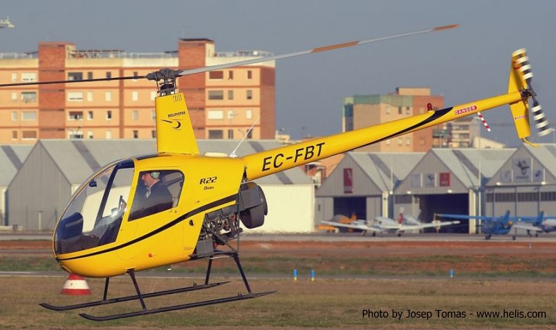 Helicopter Robinson R22 Beta Serial 1593 Register EC-FBT used by Helipistas S.A.. Aircraft history and location