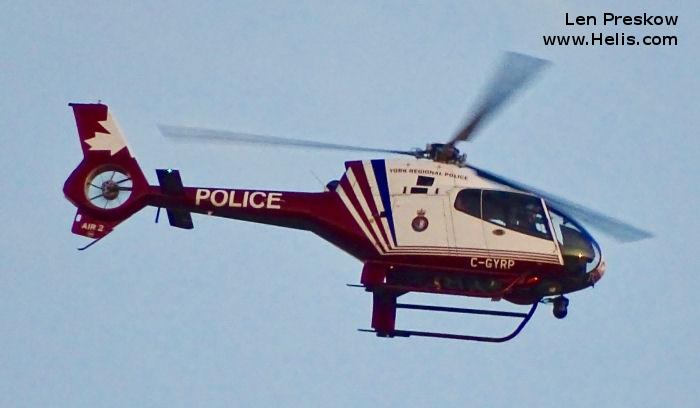 Helicopter Eurocopter EC120B Serial 1086 Register C-GYRC C-GYRP C-GGVW used by Canadian Police ,Eurocopter Canada. Built 2000. Aircraft history and location
