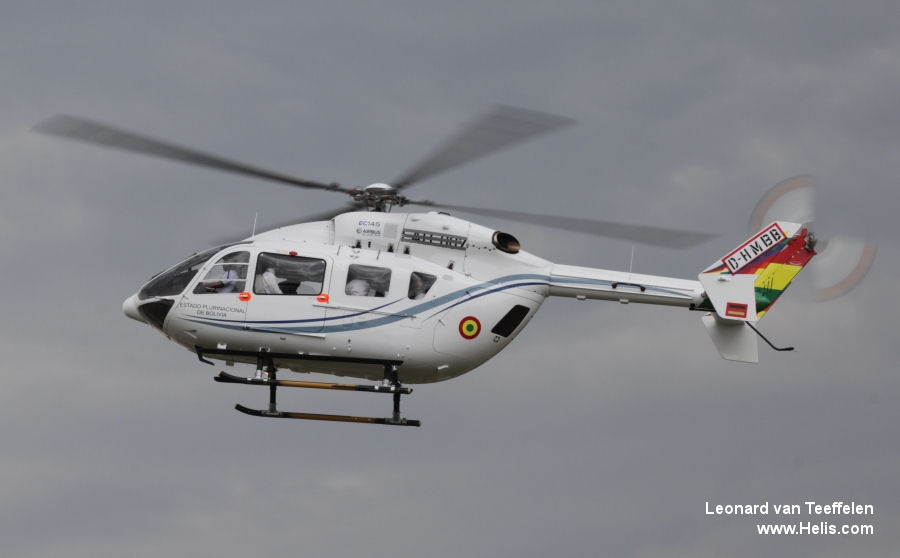 Helicopter Eurocopter EC145 Serial 9625 Register FAB-007 D-HMBB used by Fuerza Aerea Boliviana (Bolivian Air Force) ,Airbus Helicopters Deutschland GmbH (Airbus Helicopters Germany). Aircraft history and location