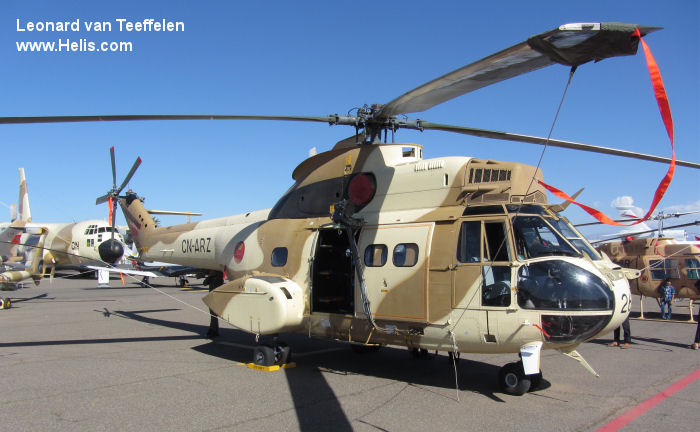 Helicopter Aerospatiale SA330G Puma Serial 1470 Register CN-ARZ used by al-Quwwat al-Jaoiyah al-Malakiyah al-Maghribiyah RMAF (Royal Moroccan Air Force). Aircraft history and location